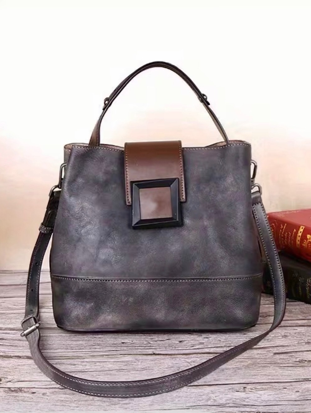 New -Vintage Inspired -Genuine Leather Bucket Bag -Black Gray